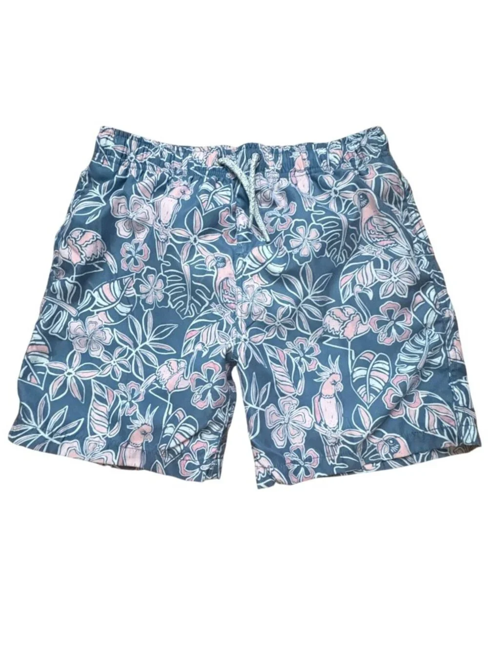 Surf Style Boys Tropical Floral/Birds Swimming Trunks-Blue/Pink-14-GUC